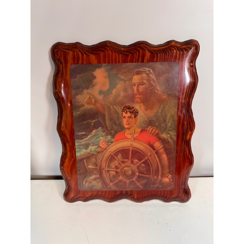 Warner Sallman Christ at the Wheel Wood Plaque Religious Art 10x12 1950 Vintage
